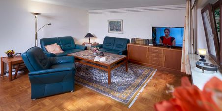 Gemütliches Wohnzimmer mit blauen Ledersesseln, Couchtisch, Teppich, Holzschrank und Fernseher.