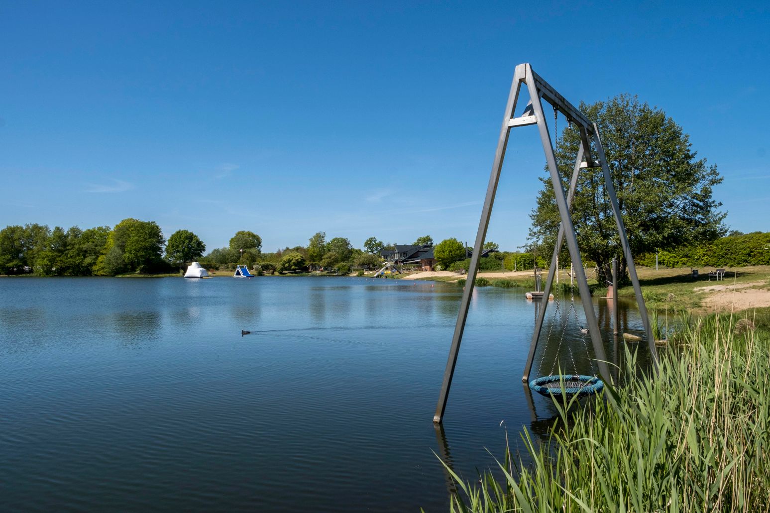Ein idyllischer See mit einer Schaukel im Wasser, umgeben von grüner Natur und einem Campingplatz im Hintergrund.