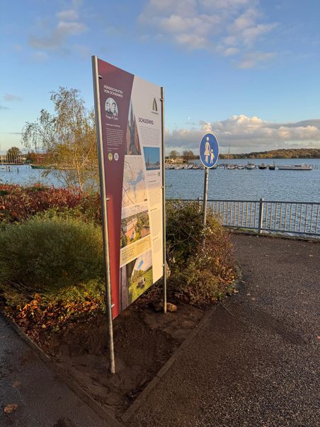 Ein Informationsschild zum Ochsenweg in Schleswig steht am Ufer mit Blick auf den Hafen und Boote. Der Himmel ist leicht bewölkt, die Umgebung herbstlich.