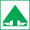 Grünes Symbol eines stilisierten Hausdachs mit zwei Toren auf weißem Hintergrund. Es erinnert an ein Lager- oder Güterhaus.