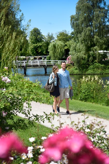 Ein Paar spaziert im Rosarium Uetersen entlang eines blühenden Weges. Im Hintergrund ist ein Teich mit einer weißen Brücke zu sehen.