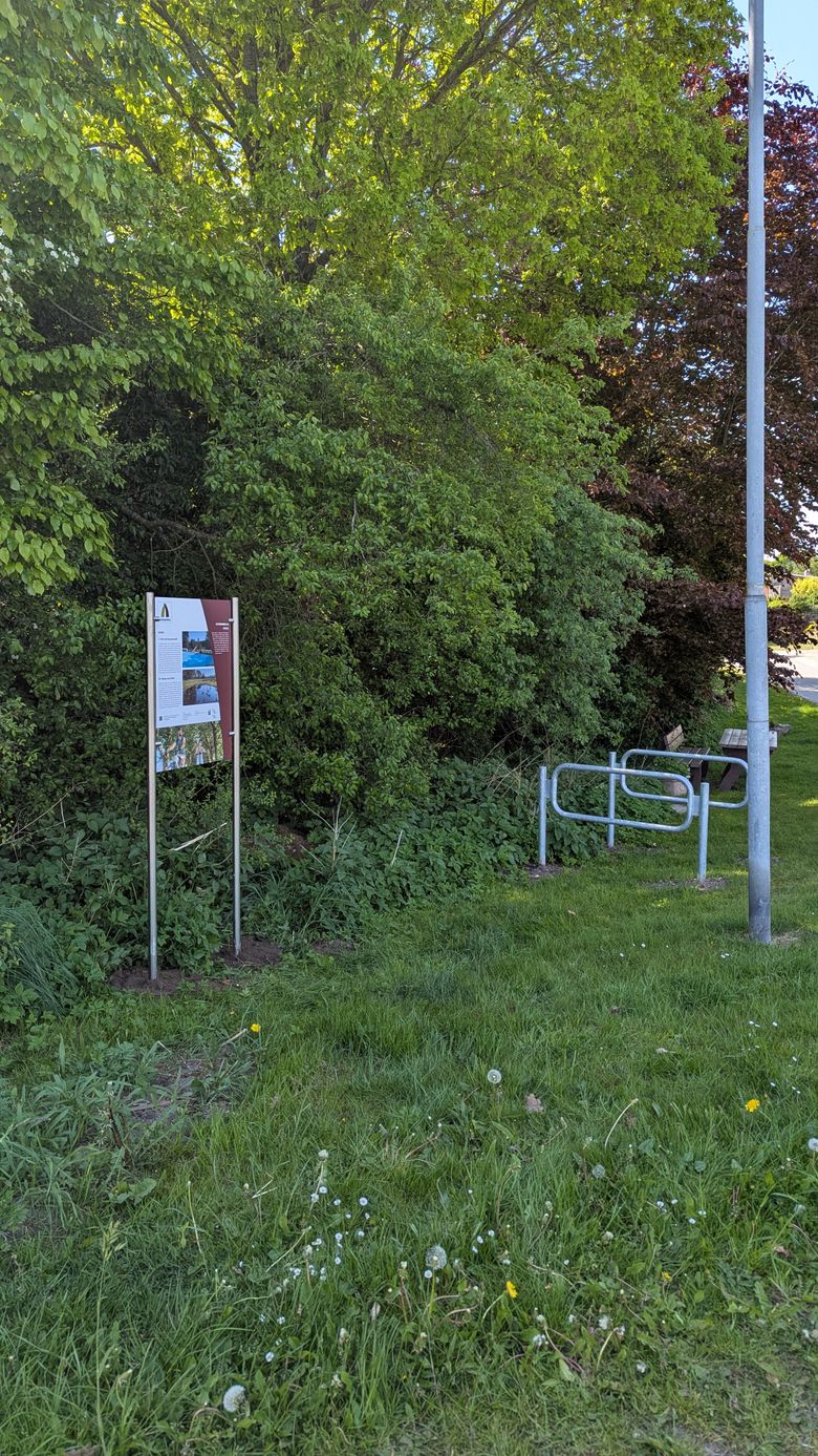 Eine Infotafel und eine Bank stehen an einem grasbewachsenen Wegesrand, umgeben von üppigem Grün und Bäumen.