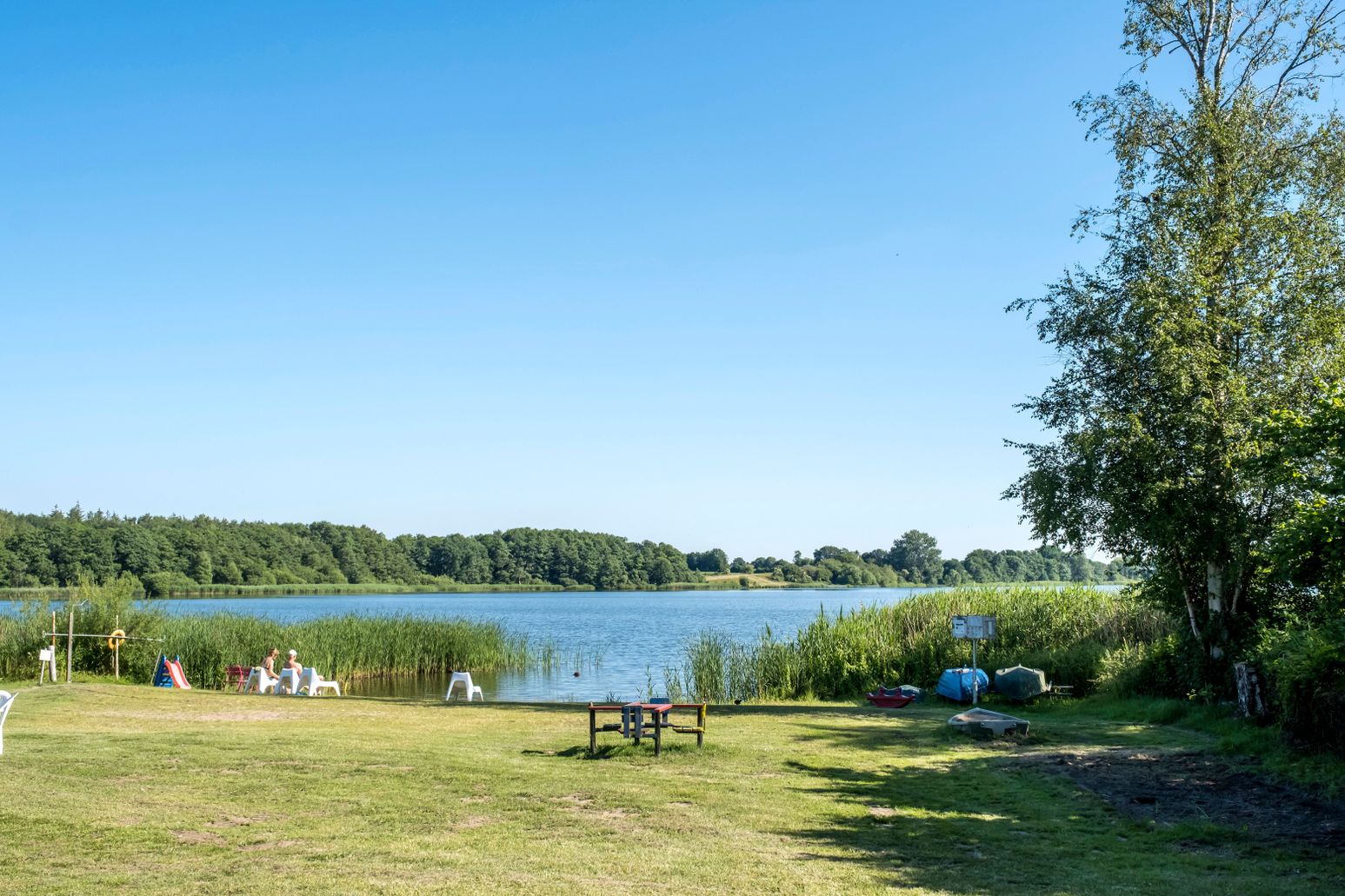 Badestelle am See mit Liegestühlen und Tisch auf einer Wiese, umgeben von Schilf und Bäumen unter klarem Himmel.