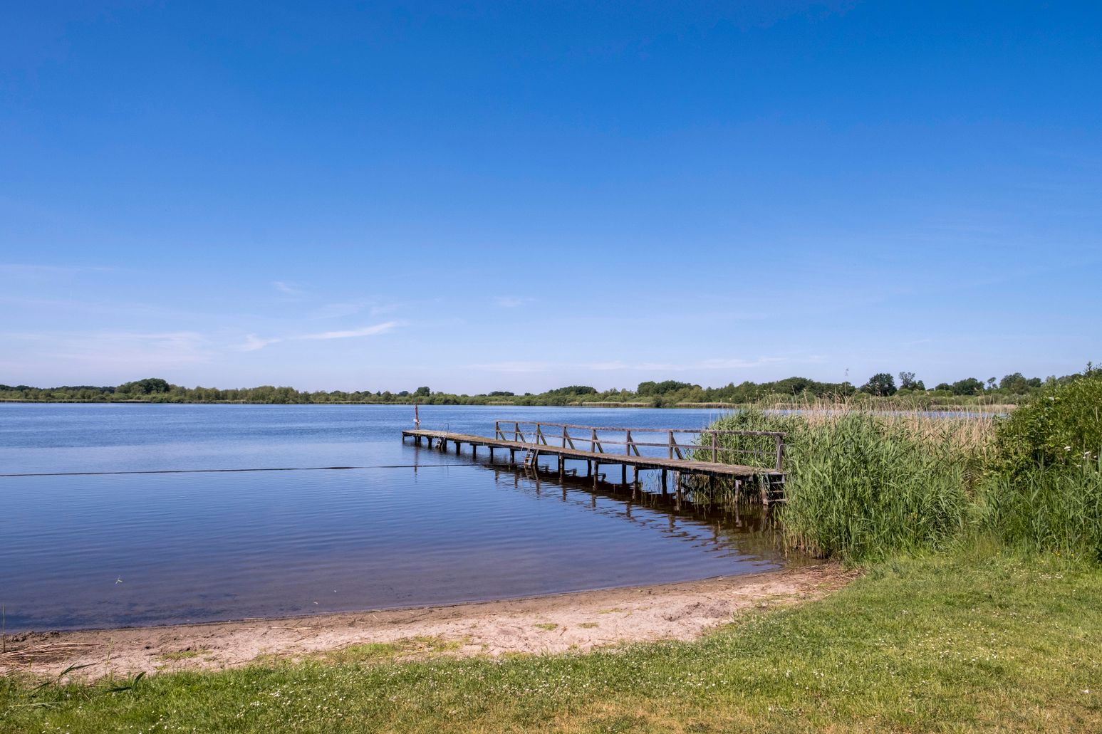Ein Holzsteg ragt in den ruhigen Vollstedter See, umgeben von Schilf und grünen Wiesen. Der Himmel ist klar und blau.