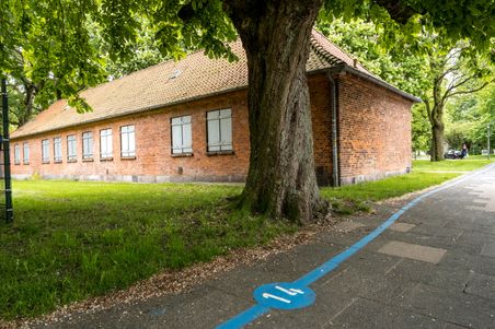 Ein altes Backsteingebäude mit geschlossenen Fensterläden steht neben einem großen Baum. Auf dem Gehweg verläuft eine blaue Linie mit der Zahl 114.