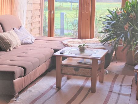 Wohnbereich mit Ecksofa, Couchtisch, Pflanzen und großen Fenstern mit Blick ins Grüne.