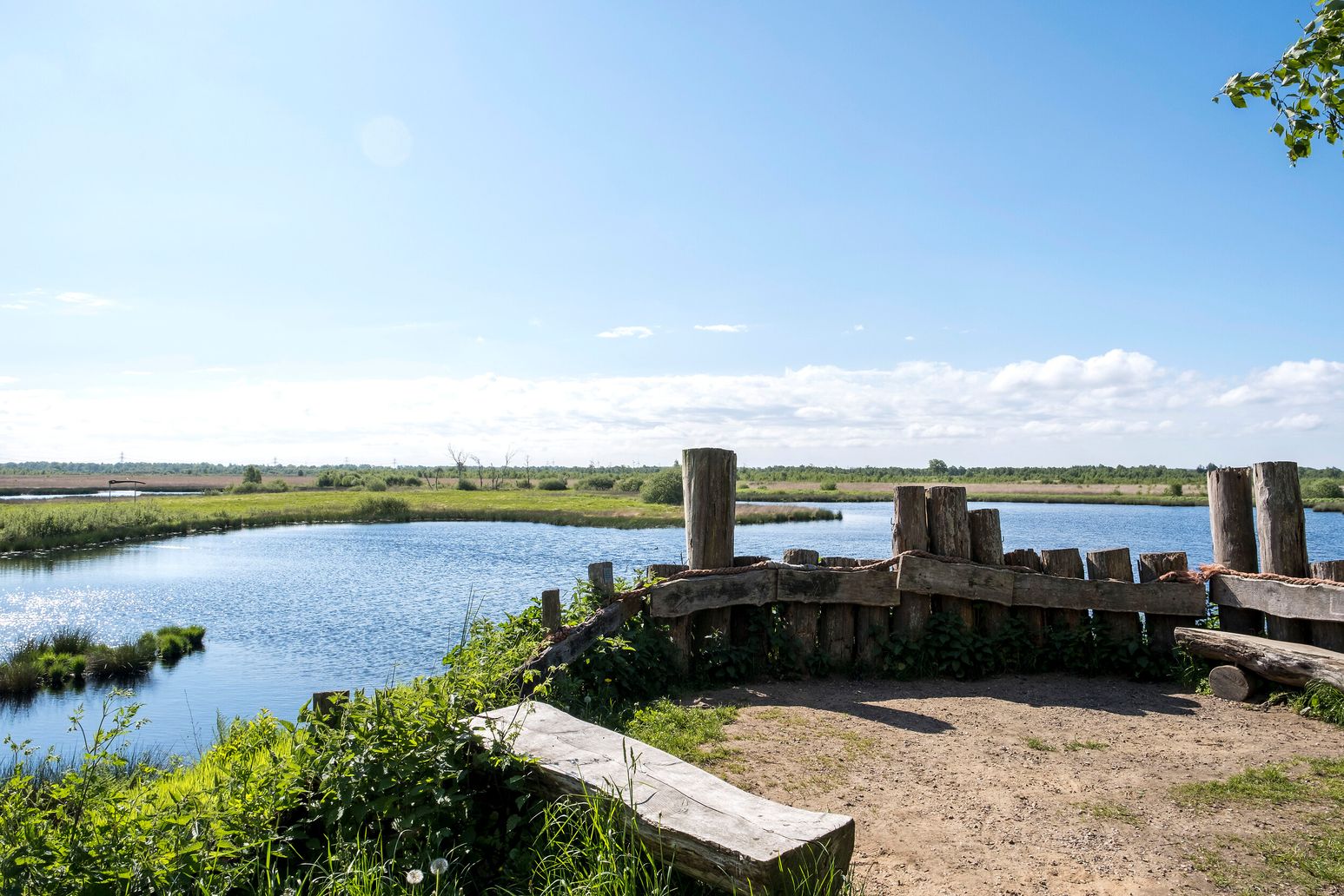 Holzplattform mit Blick auf einen ruhigen See und grüne Landschaft. Der Himmel ist klar und blau, mit einigen Wolken am Horizont.