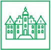 Grünes Symbol eines Schlosses mit drei Türmen und einem zentralen Eingang, umrahmt von einem quadratischen Rahmen.