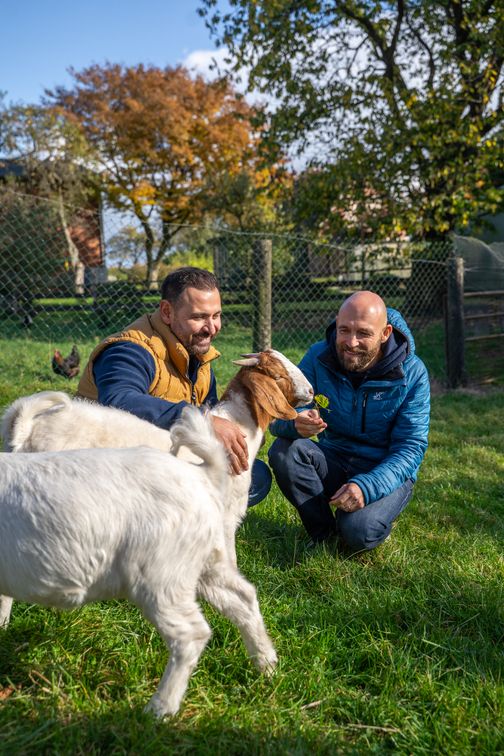 Zwei Männer knien auf einer Wiese und streicheln Ziegen auf dem Eichenhof Grauel im Ochsenweg.