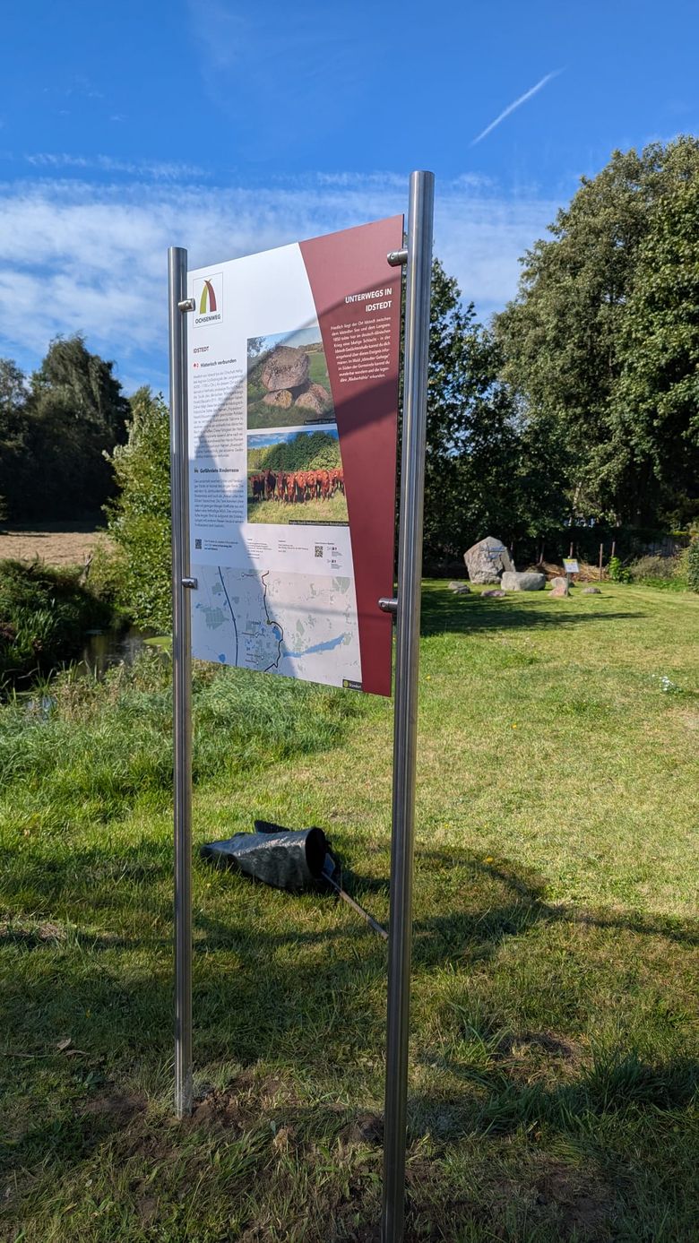 Ein Informationsschild über Idstedt steht auf einer grünen Wiese unter blauem Himmel. Im Hintergrund sind Bäume und ein kleiner Bach zu sehen.