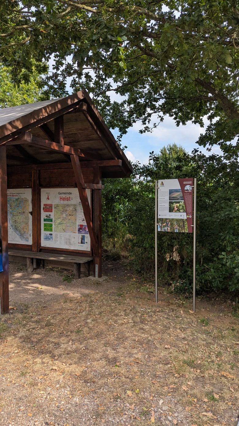 Ein Informationshäuschen in Heist mit Karten und Schildern, umgeben von Bäumen und Natur.