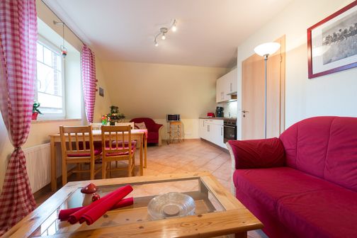 Heller Wohn- und Essbereich mit Küche, rotem Sofa, Holztisch und pink karierten Vorhängen.