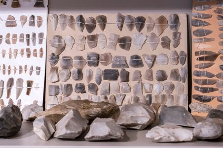 Eine Sammlung von prähistorischen Feuersteinen, die auf Karton montiert sind. Die Steine sind in Reihen angeordnet und zeigen verschiedene Formen und Größen.